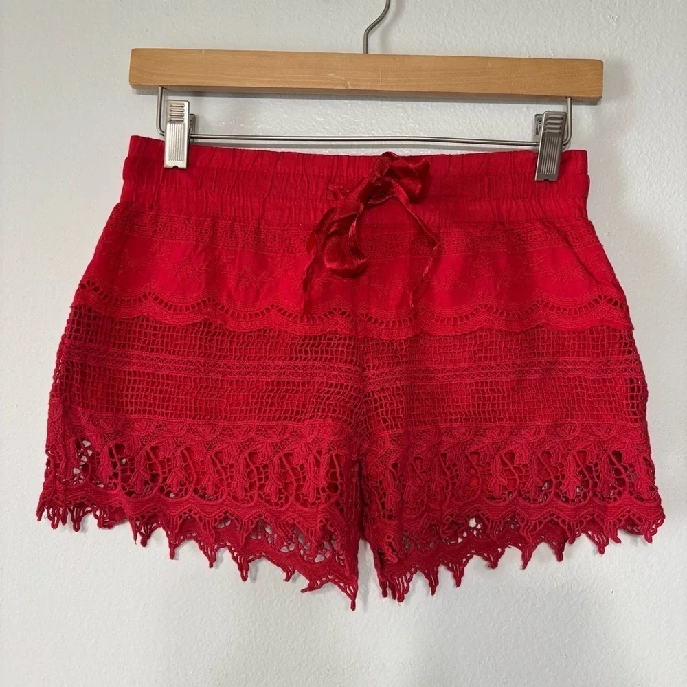 No Boundaries Boho Red Lined Crochet Summer Shorts Size XS